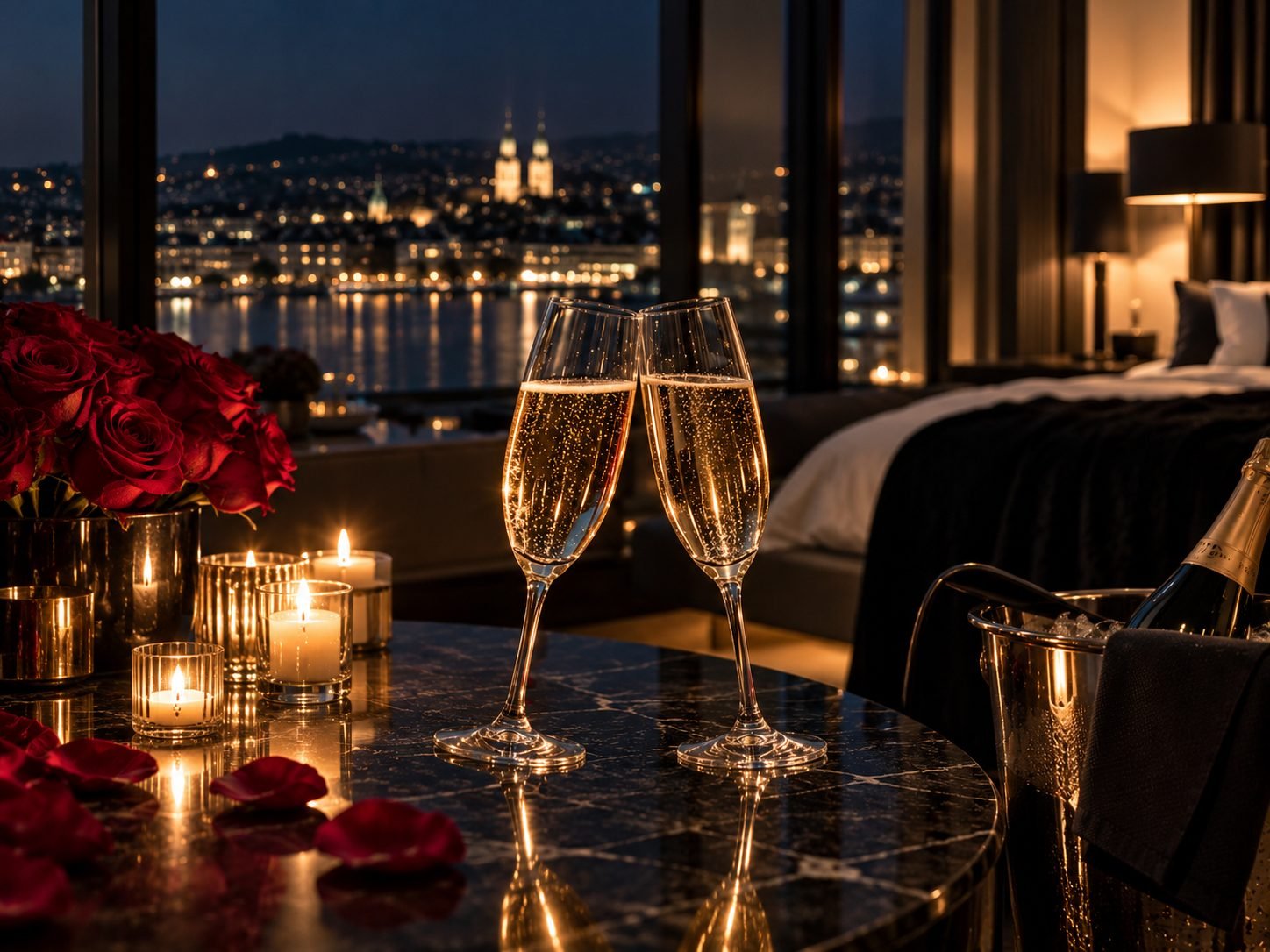 Champagne by candlelight in a Zürich hotel suite overlooking the lake – Monsieur Noir, discreet escort for women
